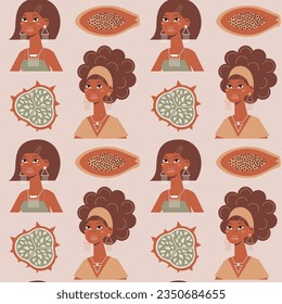 Vector seamless texture with racy african women and tropical fruits. Ethnical people and food wallpaper.