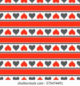 Vector seamless texture. Red and gray hearts and stripes between them