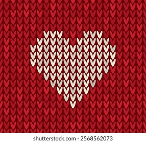 Vector seamless texture red knitted Christmas pattern with white heart.
