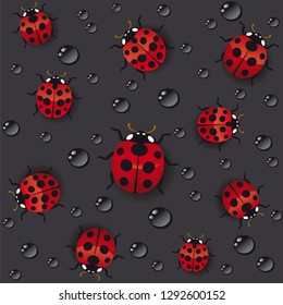 Vector seamless texture red ladybugs on dark background