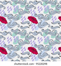 vector  seamless texture with red umbrellas and raining clouds