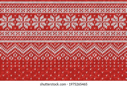 Vector seamless texture of red wool knit. Knitted Christmas and New Year pattern with snowflakes. Template of knitwear for background, wallpaper, backdrop. Scandinavian, Norwegian style.