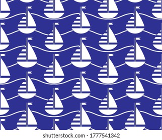 vector seamless texture with sailboats pattern on blue background