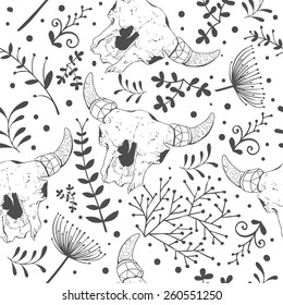 Vector seamless texture with scull bulls and florals. 