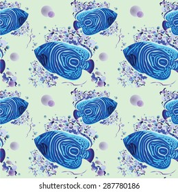 Vector seamless texture with sea blue striped fish, coral and bubbles on blue background