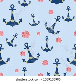 Vector seamless texture. Sea pattern. Sea wallpaper. Anchor, shells and blue bakground.