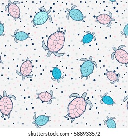 Vector seamless texture - sea turtle with geometric pattern