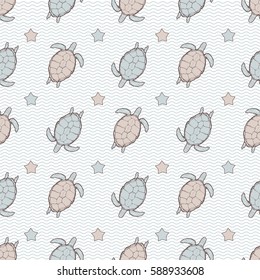 Vector seamless texture - sea turtle with geometric pattern