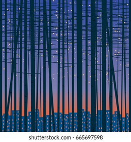 Vector seamless texture with silhouettes of trees against the night city. Birch forest vector background.