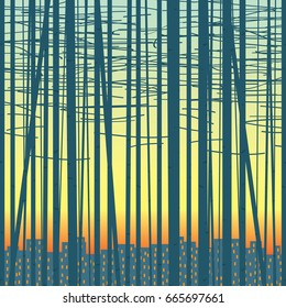 Vector seamless texture with silhouettes of trees against the evening city. Birch forest vector background.