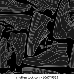 Vector seamless texture of sneakers. Sports shoes in a line style. Advertisements, brochures, business templates. Isolated on a color background