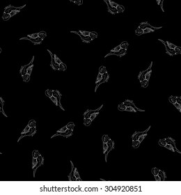 Vector seamless texture sparrow bird white outline on a black background
