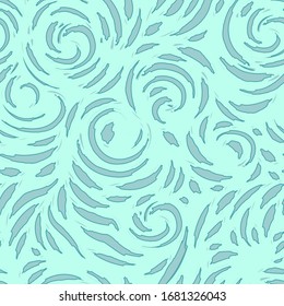 Vector seamless texture of spirals and blots with torn edges in gray and blue. Pattern for fabrics or wrapping paper from arches and stripes on a bright blue background.