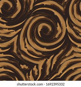 Vector seamless texture of spirals and broken lines of orange on a dark background. Imitation of watercolor. Brush strokes. Fibonacci spiral. Whirlpool or flow. Dark