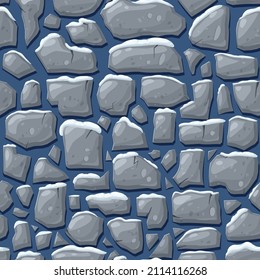 Vector seamless texture of stones covered with snow. endless pattern of brick wall, rocks or cobblestones in winter. cartoon illustration. masonry wall background. Stone plate or paving stone tile.