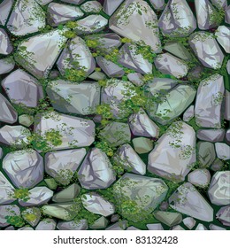 Vector seamless texture of stones in grey colors covered moss.