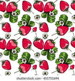 Vector seamless texture with strawberries and flowers on white background