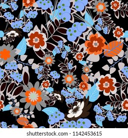 Vector seamless texture with stylized flowers. Floral pattern with abstract flowers. Vintage elegance ornament. Wedding flowers design in blue, black and gray colors.