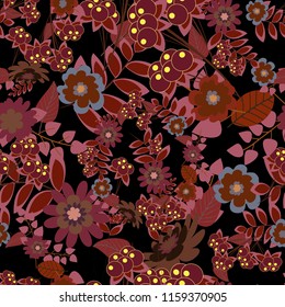 Vector seamless texture with stylized flowers. Vintage elegance ornament. Wedding flowers design in brown, red and black colors. Floral pattern with abstract flowers.