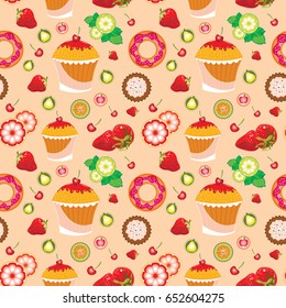 Vector seamless texture with sweet elements: red berries, lemon and cakes on cream background