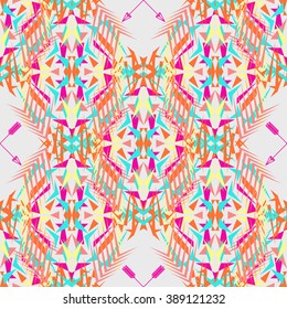 Vector seamless texture. Tribal geometric pattern with arrows. Electro boho color trend. Aztec ornamental style. Ethnic native American Indian ornaments