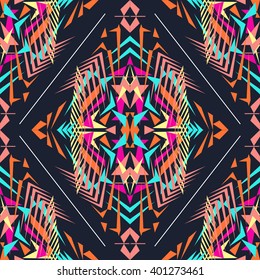 Vector seamless texture. Tribal geometric pattern. Aztec ornamental style. Electro boho color trend. Ethnic native American Indian ornaments