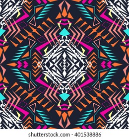Vector seamless texture. Tribal geometric pattern. Electro boho color trend. Aztec ornamental style. Ethnic native American Indian ornaments