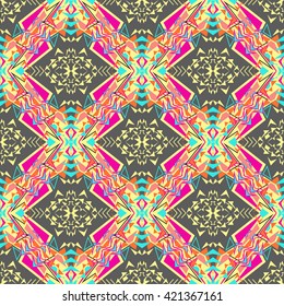 Vector seamless texture. Tribal geometric pattern. Electro boho color trend. Aztec ornamental style. Ethnic native American Indian ornaments