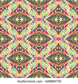 Vector seamless texture. Tribal geometric pattern. Electro boho color trend. Aztec ornamental style. Ethnic native American Indian ornaments