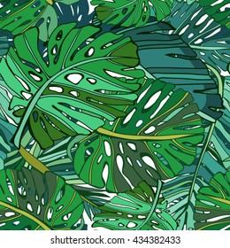 Vector seamless texture of tropical leaves.