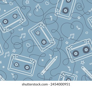 Vector seamless texture of unraveled audio tapes with pencils. Blue background