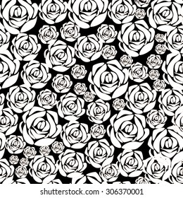 Vector seamless texture of a variety of white roses on a black background