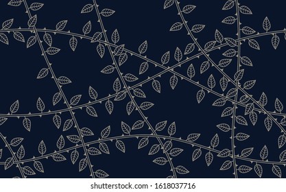 Vector seamless texture wall overgrown with plant with thorns and leaves. Dark background