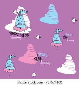 vector seamless texture yellow, colored dogs, family, love. inscription: never stop dreaming