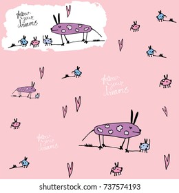 vector seamless texture yellow, colored dogs, family, love. inscription: follow your dreams