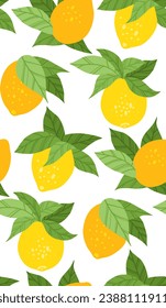 Vector seamless texture with yellow lemons with foliage on white background. Flat hand drawn texture with sour fruits. Summer background for fabrics, wrapping paper and wallpaper