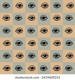 Vector seamless textured pattern.  Eye graphic on checkered background.  Modern texture plaid pattern of psychedelic eyes. Hand drawn repeat background with eyes. Vector illustration
