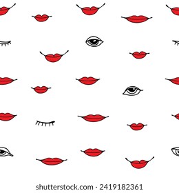 Vector seamless textured pattern. Eyes and mouths graphic. Black and red vector seamless pattern. Modern texture endless pattern of open and close eyes. Hand drawn repeat background.