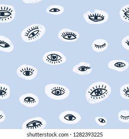 Vector seamless textured pattern. Hand drawn repeat background with eyes.  Cute fabric design in blue color.