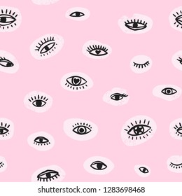 Vector seamless textured pattern. Hand drawn repeat background with eyes.  Cute fabric design.