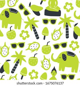 Vector seamless Thailand pattern. Cute cartoon illustration with elephant, Buddha statue, palm tree, sunglasses, dragon fruit, coconut, flowers, mango and ice cream. For textile, phone case and design