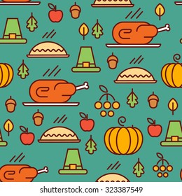 Vector seamless Thanksgiving Day pattern with turkey, pie, pumpkin, settlers hat, autumn leaves and vegetables. Modern line art design for web, site, advertising, banner, poster, board and print. 