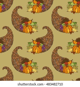Vector seamless Thanksgiving pattern. Horn of plenty, pumpkin, autumn leaf, corn, grape, apple and pear. Boundless background for your design. Harvest time.