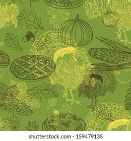 Vector seamless Thanksgiving  pattern. Repeating abstract background. Hand drawn illustration with turkey, corn on the cob, acorns, pumpkin, cranberry, apple pie, pilgrim hat and oak leafs.