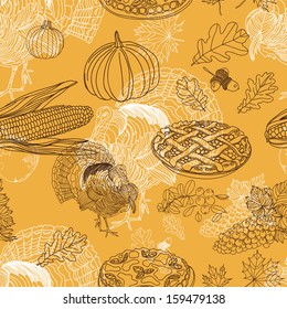 Vector seamless Thanksgiving  pattern. Repeating abstract background. Hand drawn illustration with turkey, corn on the cob, acorns, pumpkin, cranberry, apple pie, pilgrim hat and oak leafs.