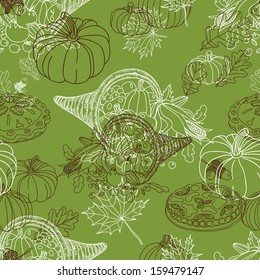 Vector seamless Thanksgiving  pattern. Repeating abstract background. Hand drawn illustration with turkey, corn on the cob, acorns, pumpkin, cranberry, apple pie, pilgrim hat and oak leafs.