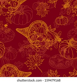 Vector seamless Thanksgiving  pattern. Repeating abstract background. Hand drawn illustration with turkey, corn on the cob, acorns, pumpkin, cranberry, apple pie, pilgrim hat and oak leafs.