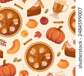 Vector seamless Thanksgiving pumpkin pie pattern with pumpkin latte, cinnamon and apples. Template page design traditional American cake. Background for wallpaper, packaging, wrapping paper.