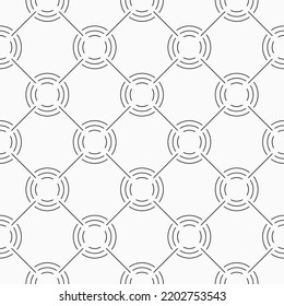 Vector seamless thin lines rhombuses pattern. Repeating geometric rhombuses tiles, circles. Monochrome vector background.
