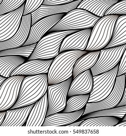 Vector seamless thread pattern. Wave hand-drawn pattern in monochrome, simple repetition tiling. Knitting wool background. Craft print in black white. Abstract clothing decoration. Sewing hand made
